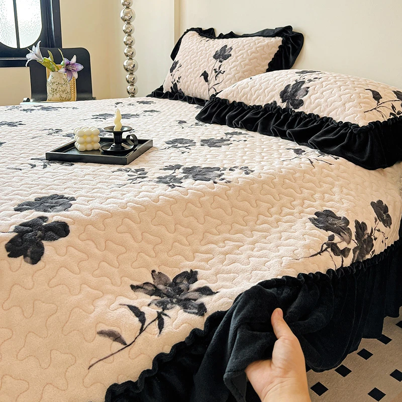 公主风花边牛奶绒床盖四件套冬季加厚法兰珊瑚绒夹棉床单被套床品