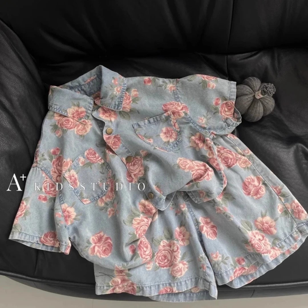 男童夏季薄款牛仔套装2025新款中小童夏装短袖衬衫短裤痞帅童装潮