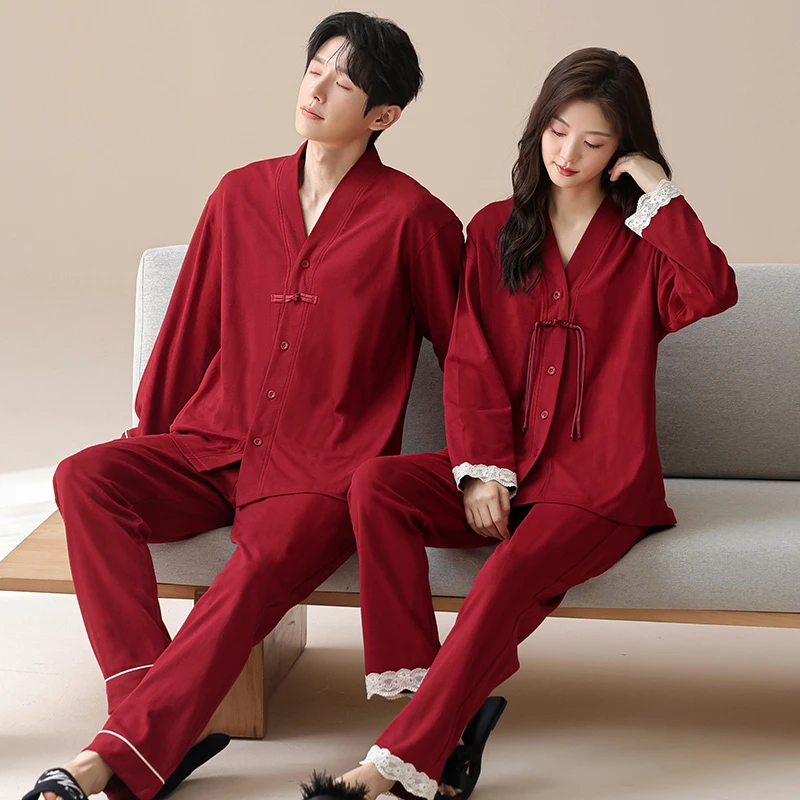 暗红色新婚情侣睡衣秋冬季纯棉长袖长裤套装红色结婚新中式家居服