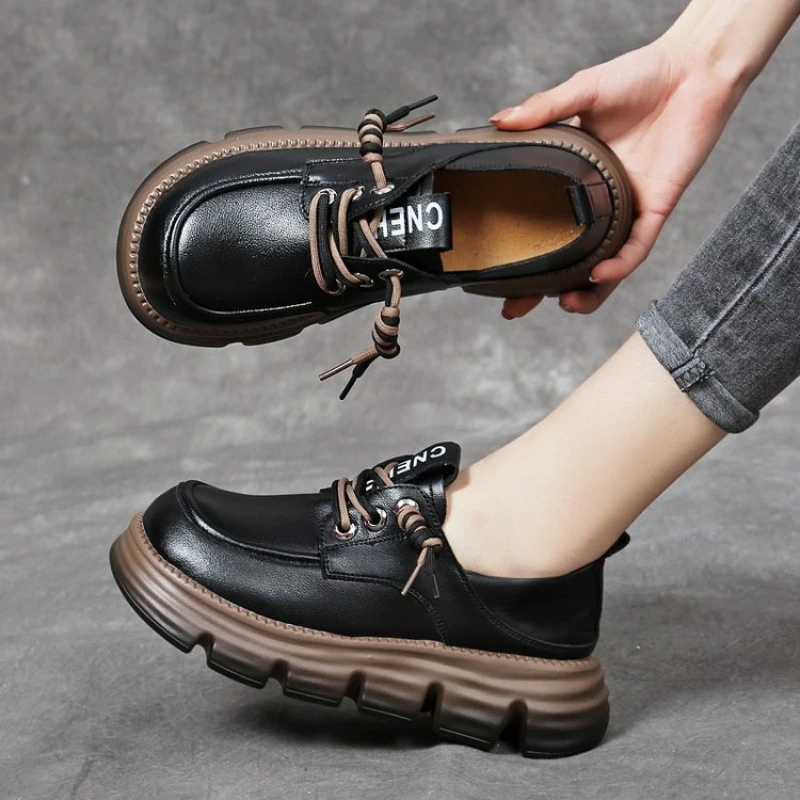 真软皮乐福鞋女英伦风2025年春秋新款厚底系带百搭软底小皮鞋