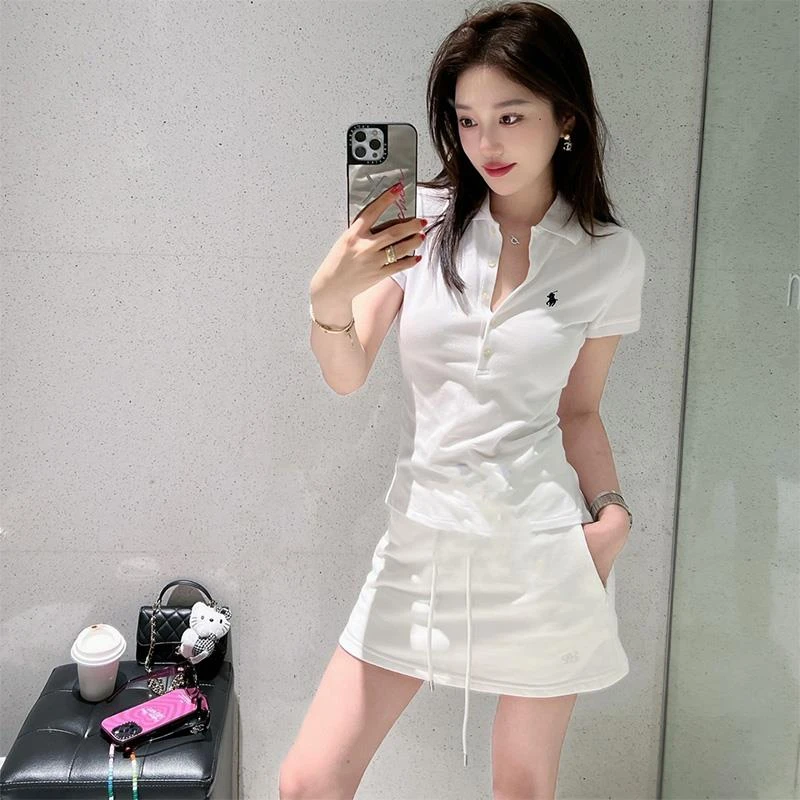 polo领正肩短袖V领T恤女夏纯欲气质辣妹修身显瘦紧身百搭短款上衣