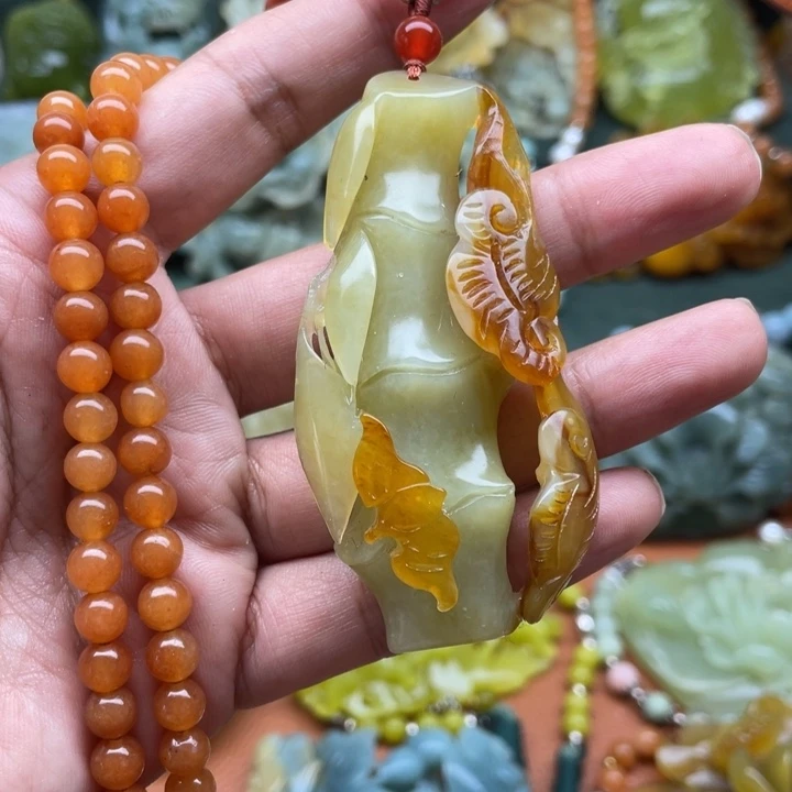 蛇纹石玉吊坠银S925镀金镶嵌