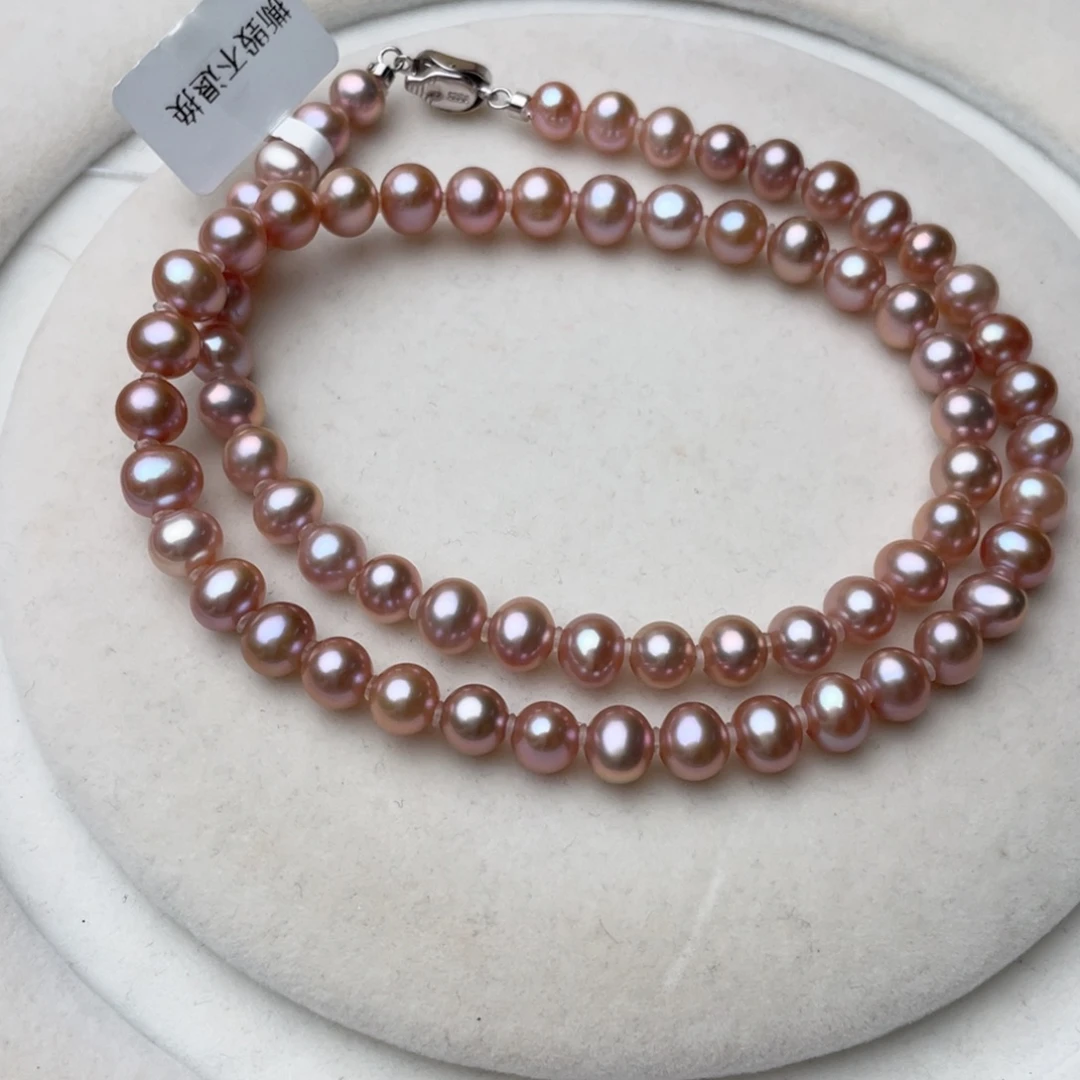 颈饰银S925镶嵌淡水珍珠7-8mm无核无暇近圆紫珠