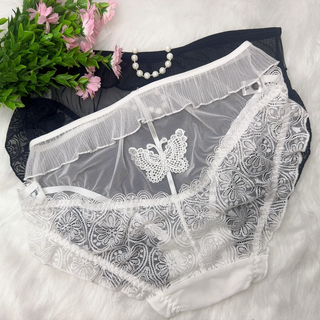 大码夏季性感中腰后镂空蝴蝶蕾丝透气女士三角内裤
