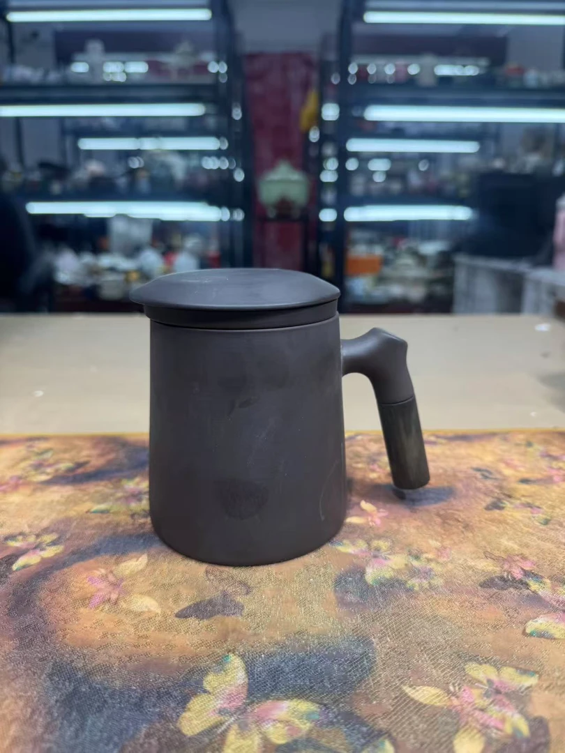 陶子茶具  黑泥紫砂办公杯茶水分离三件套喝水杯-6445