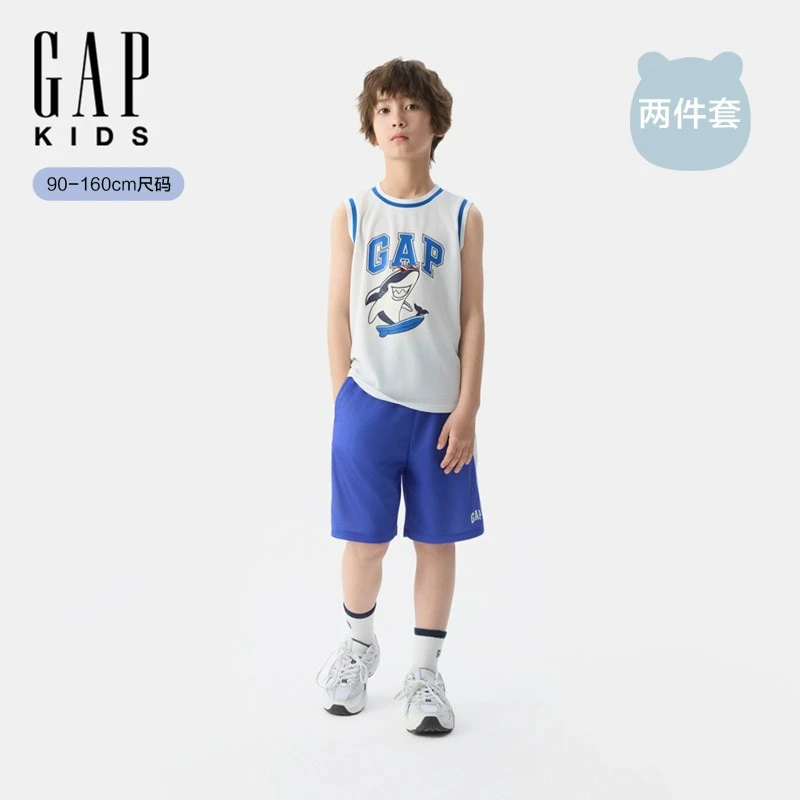 Gap男童25夏新款大logo撞色网眼背心短裤套装儿童装767336/767335