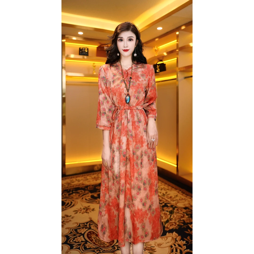 1427-9A桔红中高端专柜款气质显瘦连衣裙