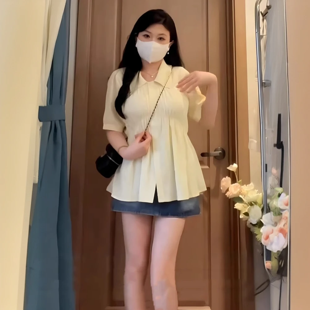大码polo领荷叶边正肩短袖衬衫女夏季新款胖mm收腰别致绝美小上衣