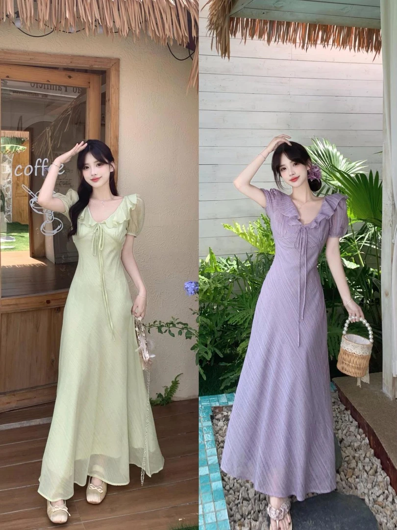 法式温柔风泡泡袖夏季收腰显瘦香芋紫连衣裙女过膝长裙