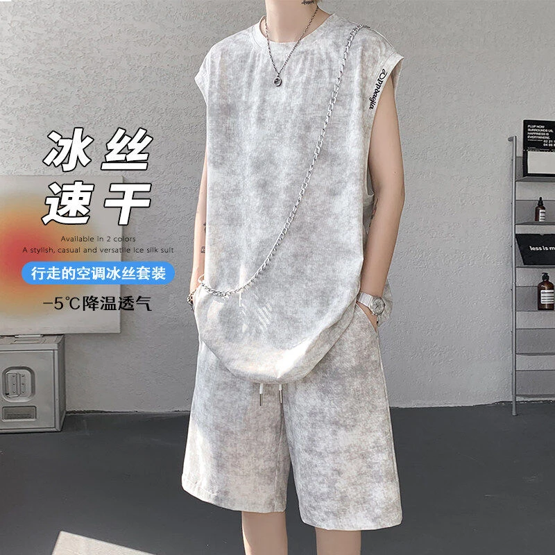 扎染冰丝刺绣字母休闲运动套装男宽松潮流透气坎肩背心短裤两件套
