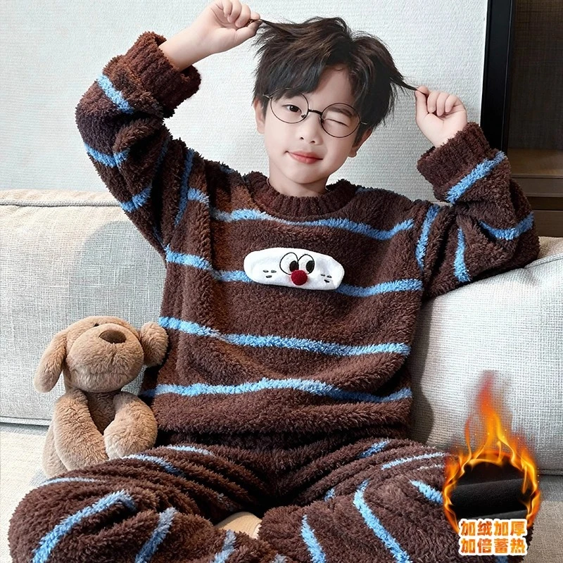 儿童装男童睡衣秋冬款加绒加厚家居服冬季法兰绒中大童珊瑚绒男孩