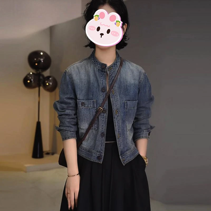 蓝色立领纽扣短款牛仔外套女秋季新款复古通勤高级感宽松夹克上衣