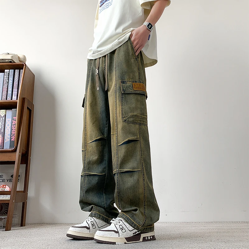 美式休闲夏季薄款百搭纽扣美式高腰港风加大宽松牛仔裤直筒大码