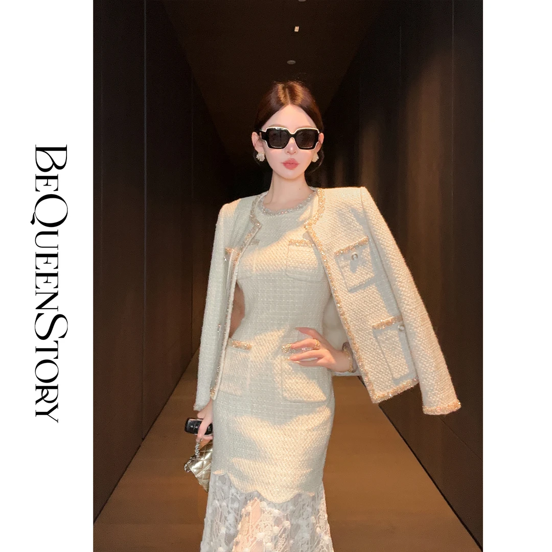 余潇潇【顶楼光环】绵羊毛混纺编织圆领小香外套&修身鱼尾连衣裙