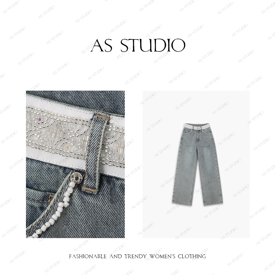 【AS满钻腰】25新设计感蓝色直筒牛仔棉高腰百搭休闲裤AS25CKU3651