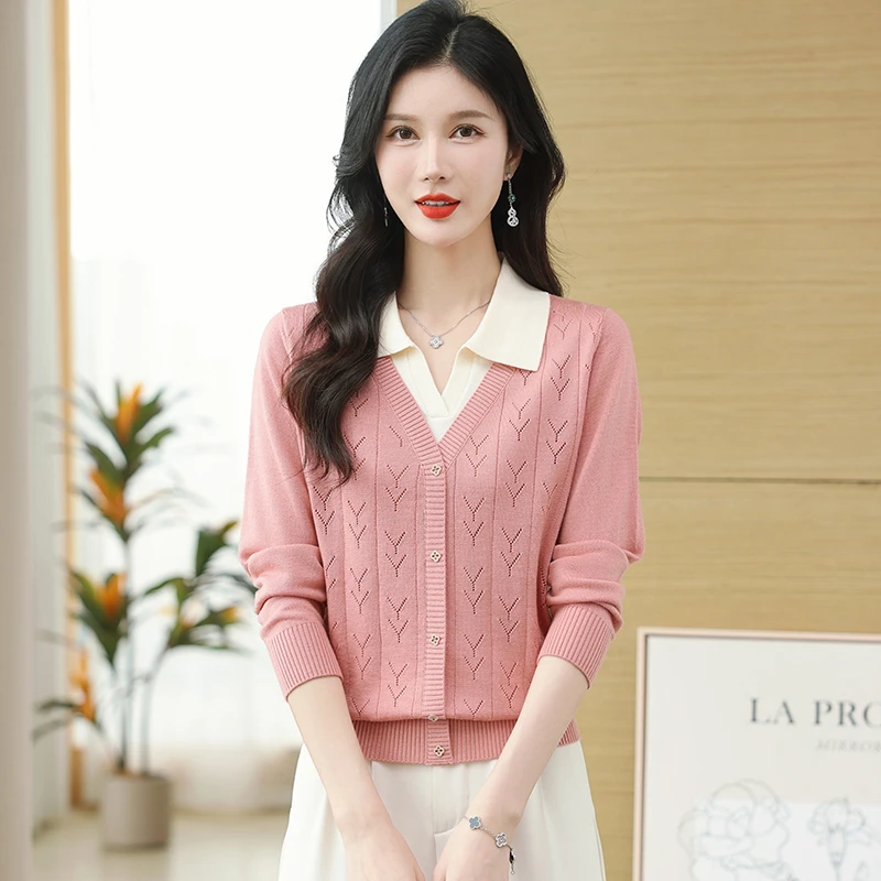 粉色假两件针织上衣女春秋新款翻领毛衣中年妈妈装长袖t恤打底衫