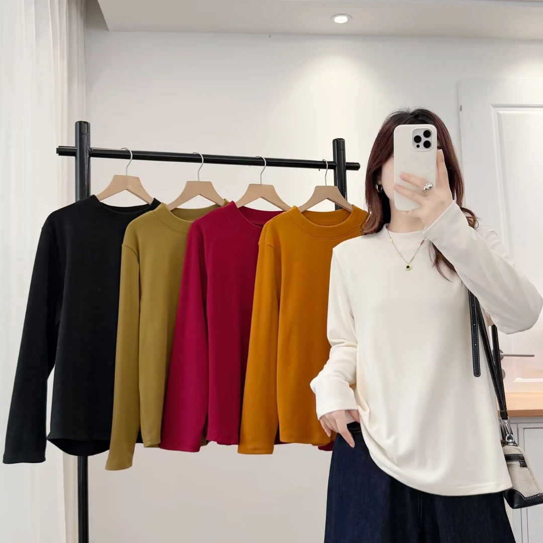 微胖大码休闲显瘦简约百搭T恤韩版长袖圆领时尚半高领慕斯绒打底