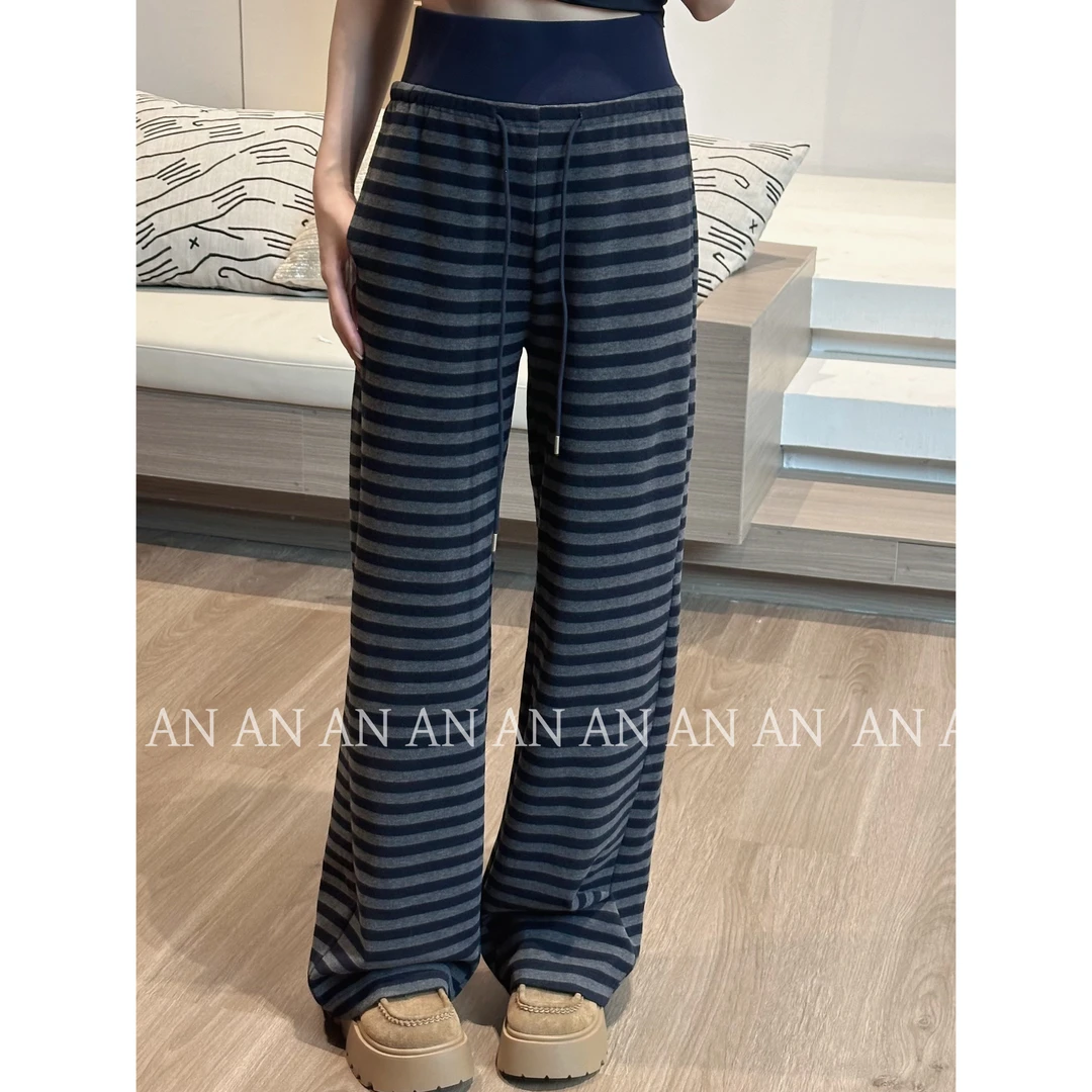 C08333时尚复古显瘦百搭宽松阔腿松紧腰直筒卫裤条纹休闲裤