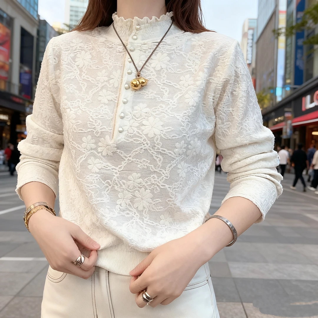 「珍珠扣花边毛衣」2025秋冬新款针织立领袖口镂空纽扣高级气质毛衣