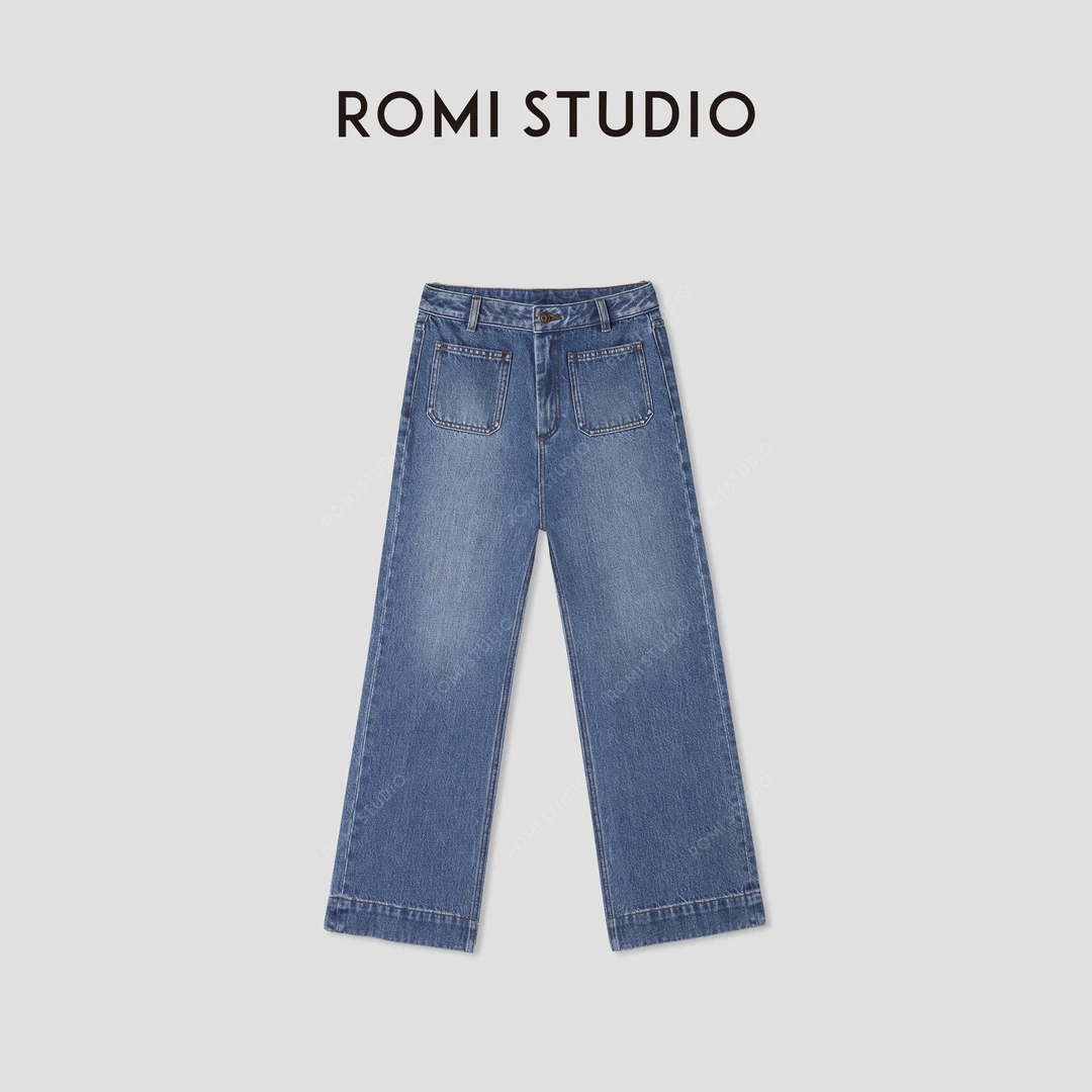 ROMI STUDIO“法式复古”棉质高腰双口袋九分微喇牛仔裤 RWCSXD3470