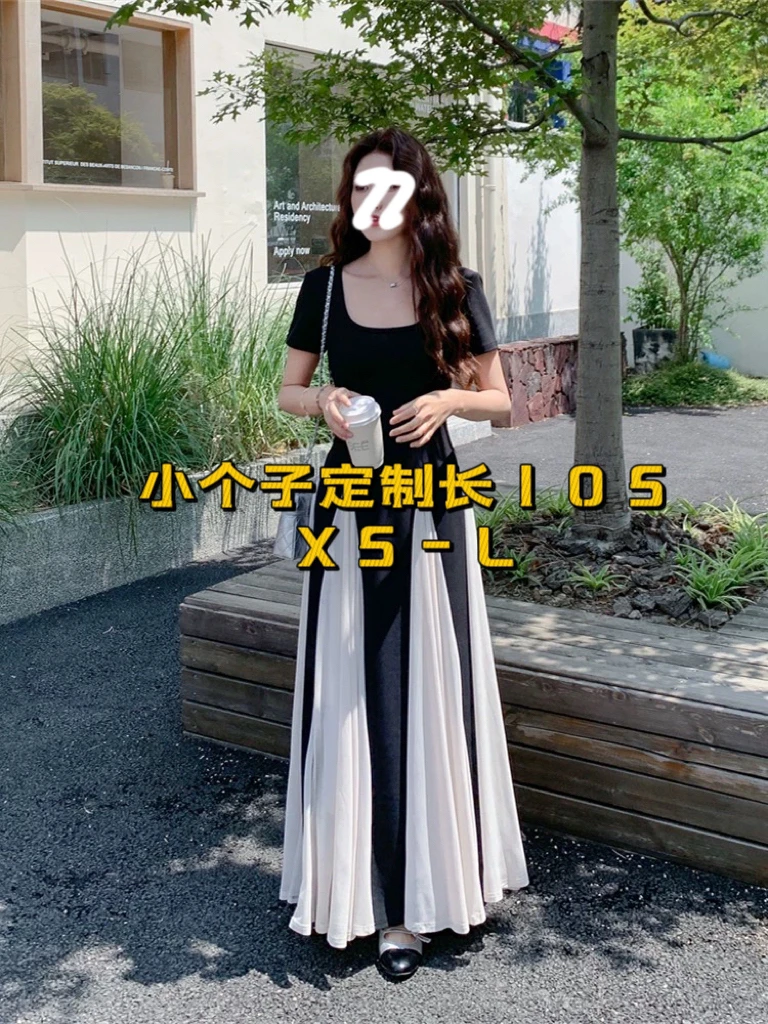 【小个子定制】方领拼接收腰长款性感法式小众显瘦长款连衣裙