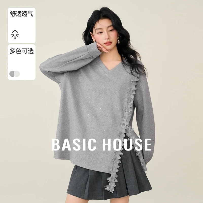 Basic House/百家好春秋设计感花朵灰色长袖卫衣-B0625H5L822