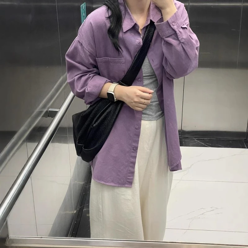 韩系高级香芋紫衬衫女春秋慵懒风宽松休闲气质早春叠穿衬衣外套潮