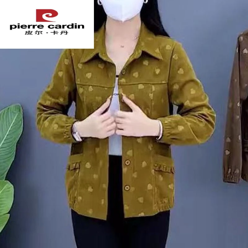 皮尔卡丹妈妈春装灯芯绒薄外套新款新款中老年女翻领夹克春秋开衫