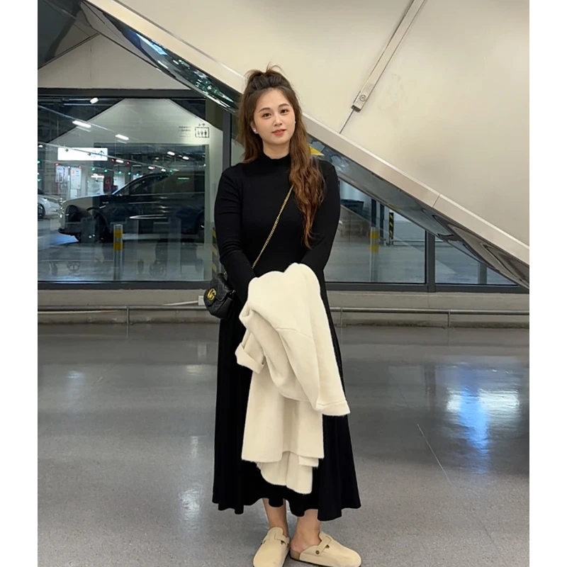 映晴小黑裙圆领打底裙百搭连衣裙长袖大裙摆内搭加绒半高领长裙1