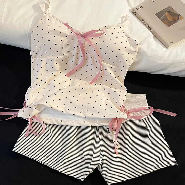 甜美风可爱带胸垫吊带性感睡衣女款夏天新款可出门短裤家居服套装