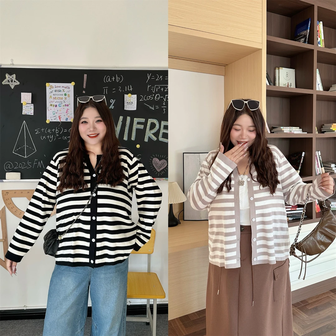大码女装秋季宽松花契200斤胖mm温柔韩风长袖条纹针织衫4404-H