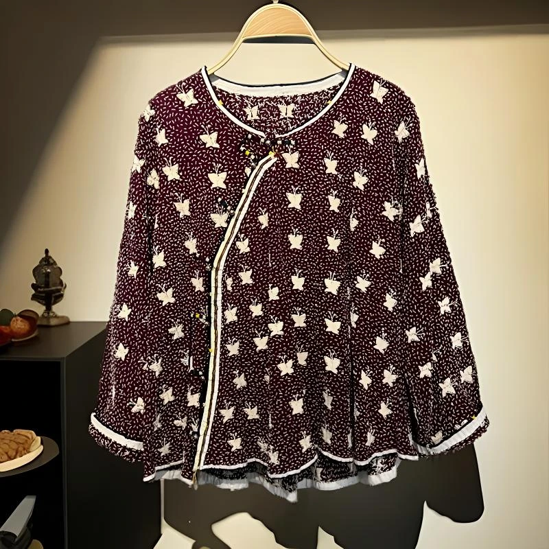 百搭时尚中式立体刺绣丝绒小立领设计款女士气质休闲个性上衣