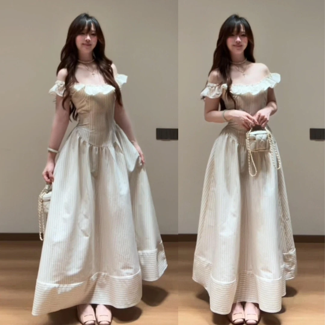 法式白色条纹一字肩吊带连衣裙夏季新款纯欲慵懒风女装气质长裙子