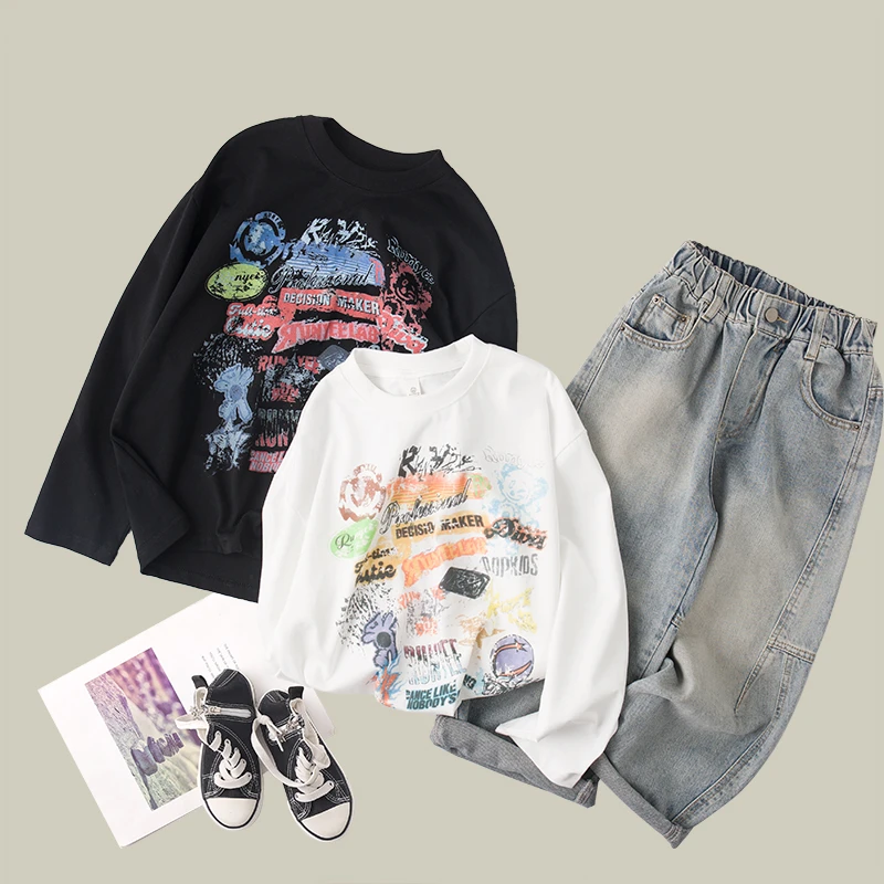 吴小越w1002男童春装圆领套头数码印花棉t恤长袖中大童儿童打底衫