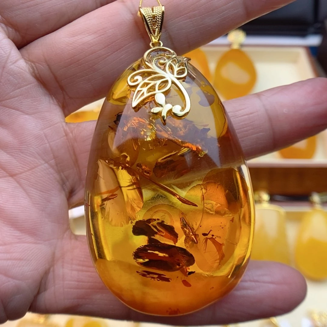 琥珀颈饰银S925镀金镶嵌