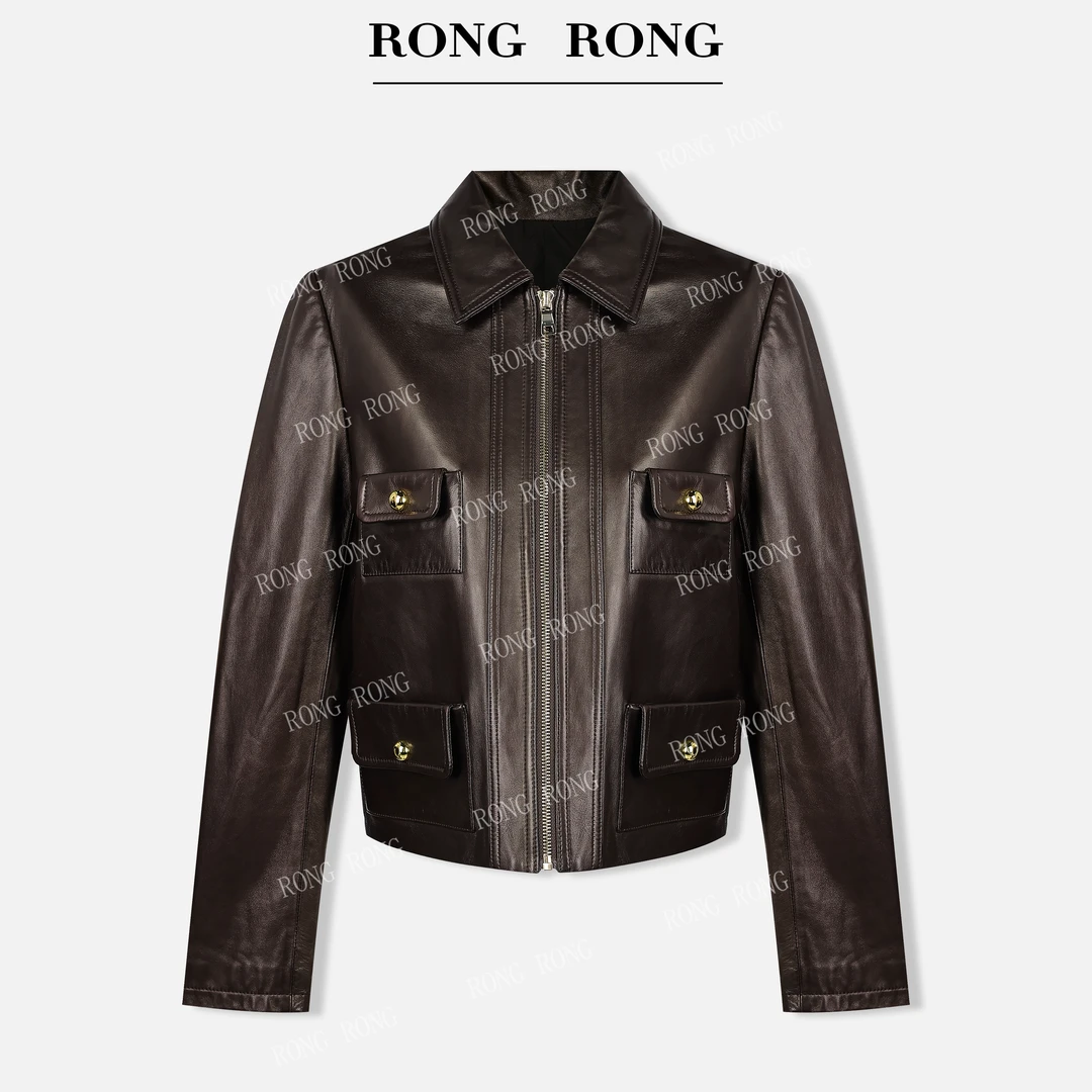 溶溶【赛琳女孩】RONGRONG 100绵羊皮高定轻奢短款美式机车皮衣6806