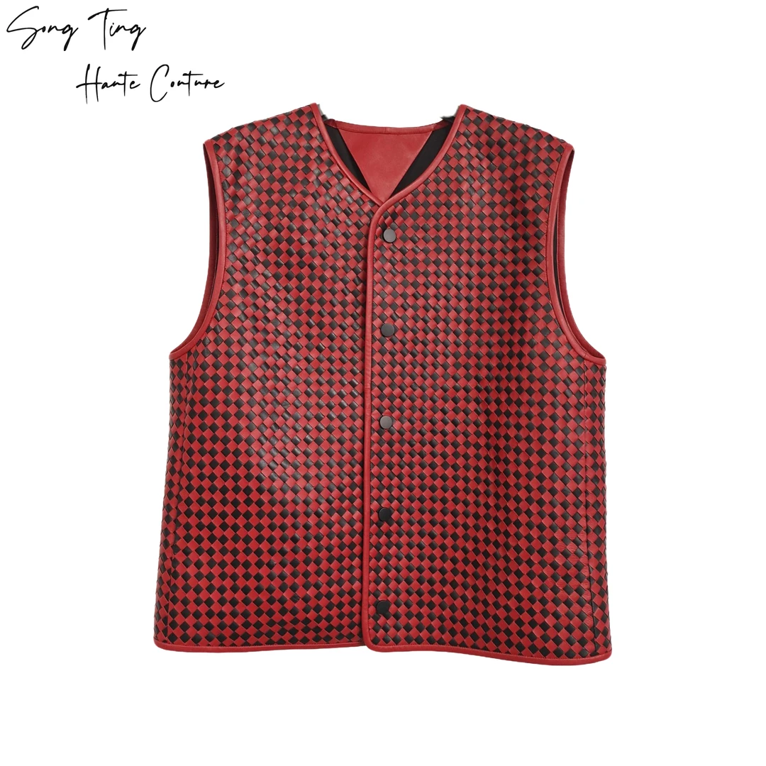 SONG TING 高定系列黑红编织皮马甲