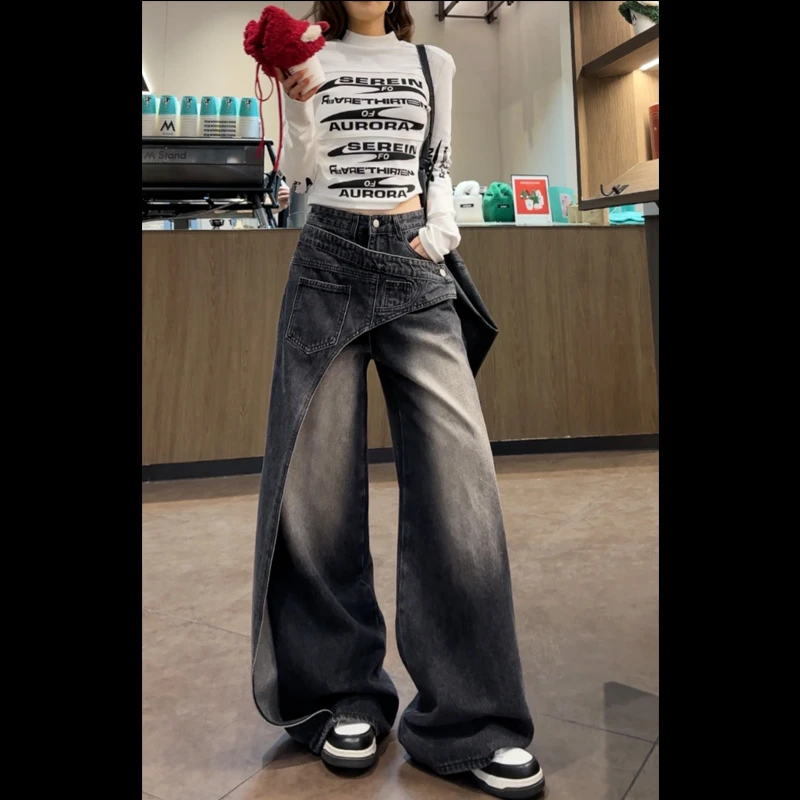 31299腰封设计师款裁片洗水渐变牛仔裤女2025年春季新款不规则款