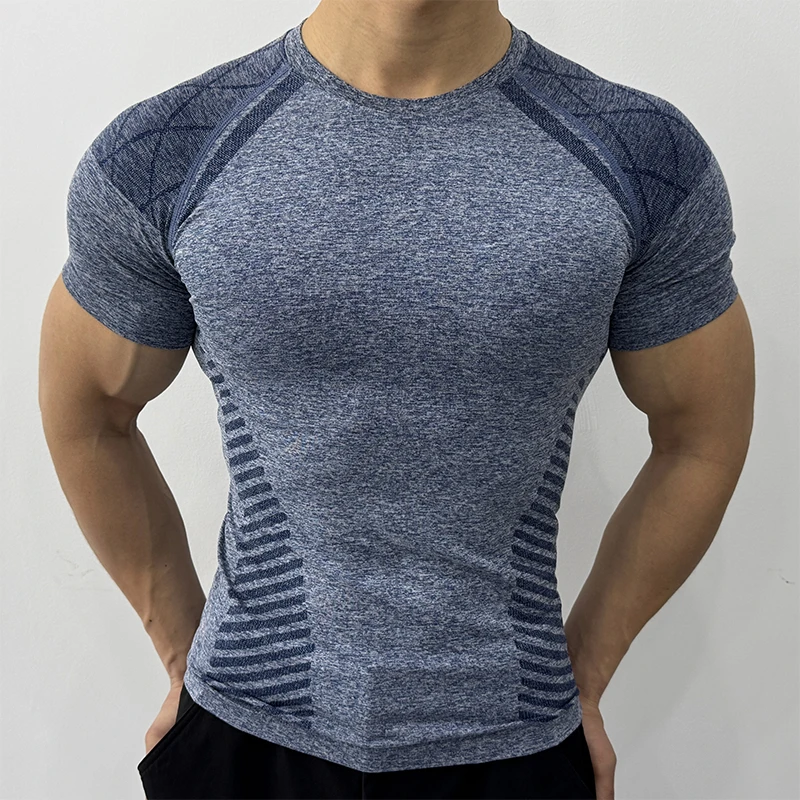 无缝显大健身服男高弹力速干运动短袖透气紧身衣训练T恤塑身上衣