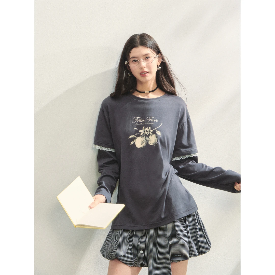 AsGony 果实印花假两件蕾丝拼接长袖T恤韩版宽松慵懒百搭圆领上衣