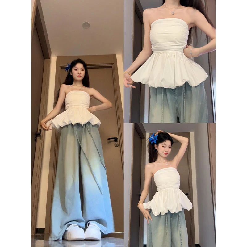 夏季穿搭一整套2025新款韩版一字肩设计抹胸上衣阔腿牛仔裤两件套