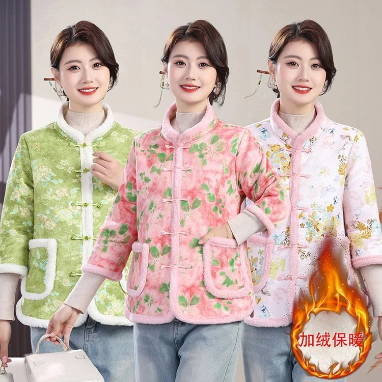 加绒加厚保暖九分袖皮绒印花棉衣棉服中老年女装棉袄气质妈妈装
