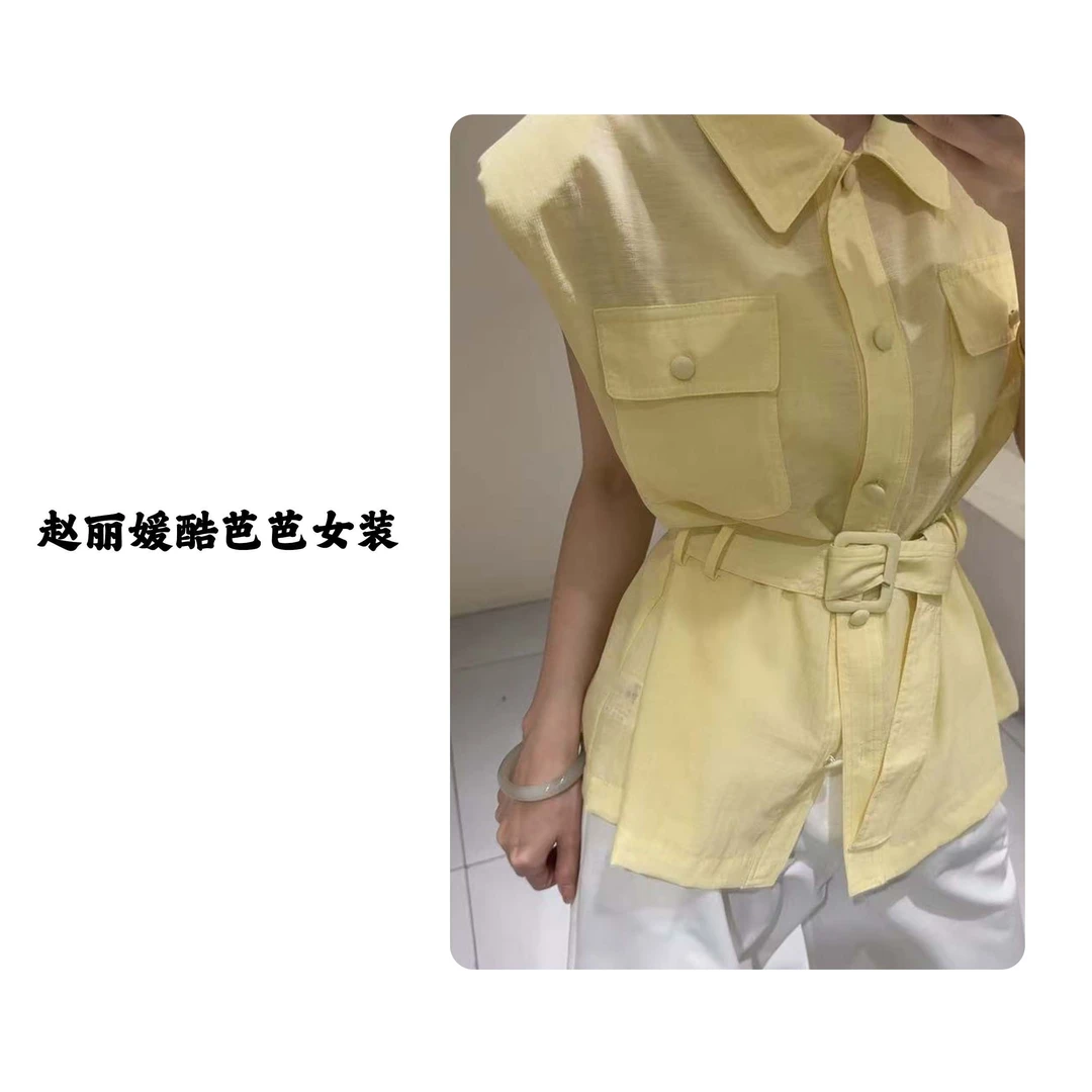 法式无袖春季POLO领长袖纯色衬衫夏季荷叶边不规则设计感上衣