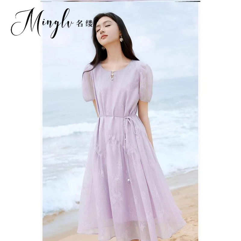 名缕女装米白色连衣裙女夏2025新款海边度假巨好看法式泡泡袖收腰
