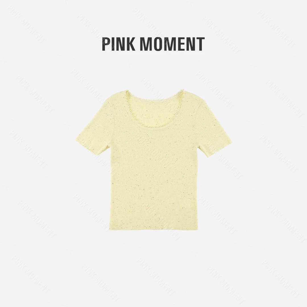 PM王囡囡 黄色圆领花边缝珠彩点毛织T恤  ND1A0387