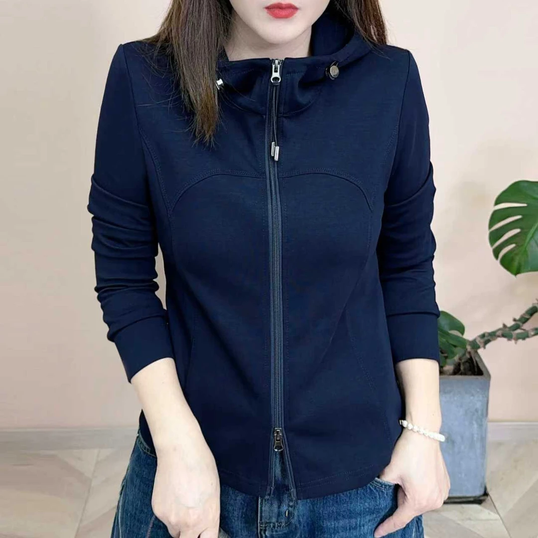 2025早秋新品时尚百搭修身显瘦洋气双拉链设计感女士长袖上衣8158