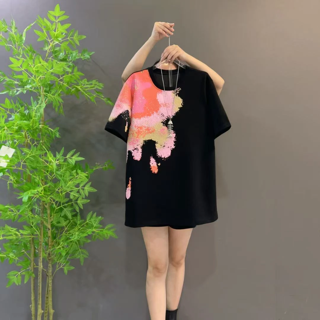 2860撞色印花烫钻中长款短袖T恤衫2025年夏季新款爆款高级感轻奢