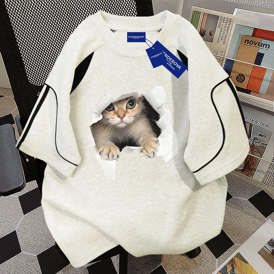 100%纯棉2025新款涂鸦小猫印花短袖t恤夏季宽松休闲韩版情侣上衣