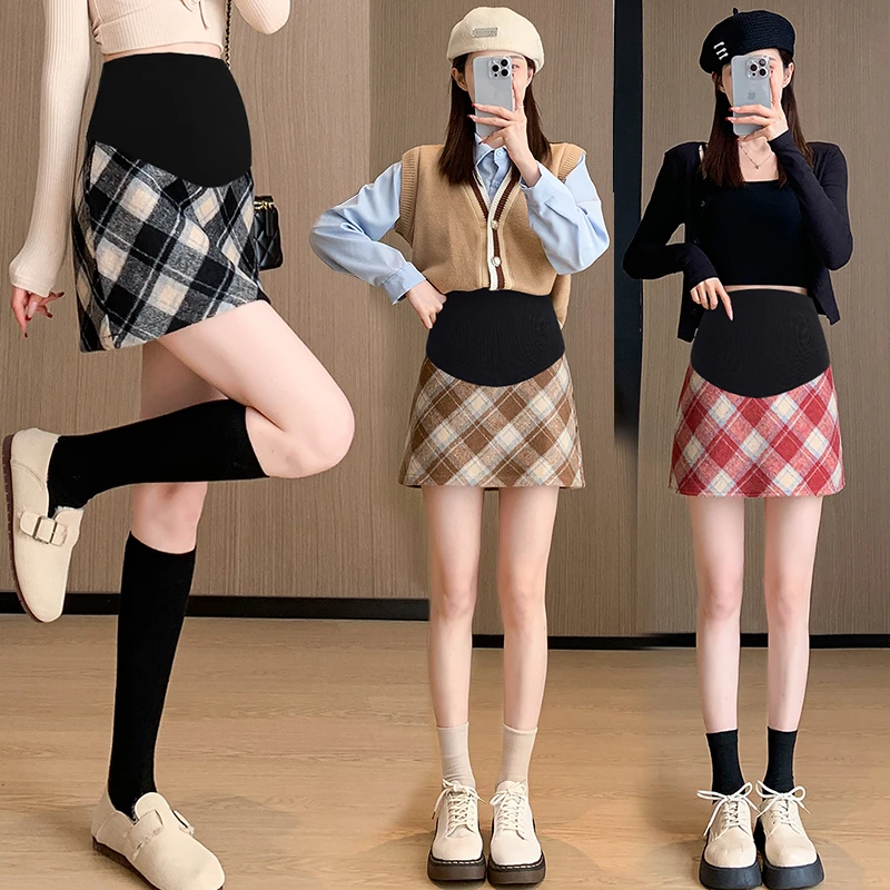 新款2025 秋冬季孕妇复古气质红色格纹毛呢洋气托腹a字半身短裙