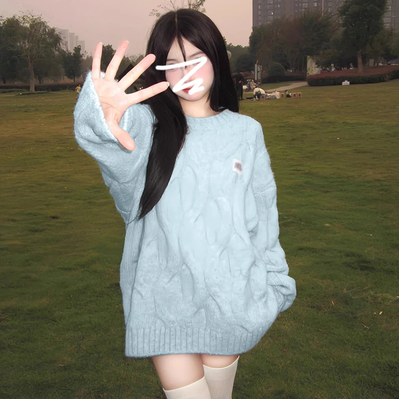 奶fufu慵懒风蓝色毛衣女冬季加厚2025新款秋冬内搭中长款宽松上衣